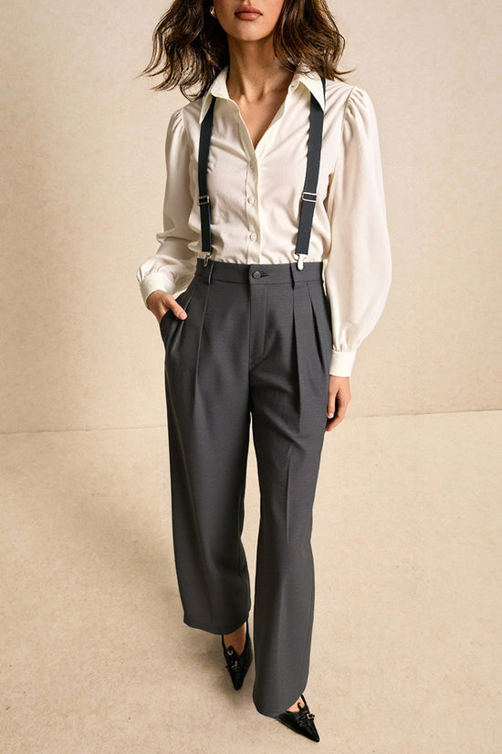 Button-Up Shirt & High-Waist Suspender Set