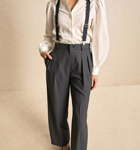 Button-Up Shirt & High-Waist Suspender Set