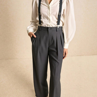 Button-Up Shirt & High-Waist Suspender Set