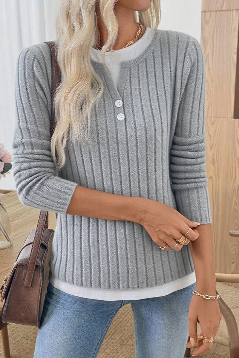 Ribbed Button Detail Long Sleeve Top