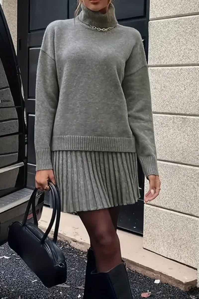 Chic Ribbed Turtleneck Skirt Set