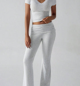 V-Neck Short Sleeve Top and Flared Pants Set