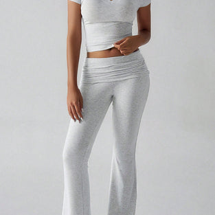 V-Neck Short Sleeve Top and Flared Pants Set