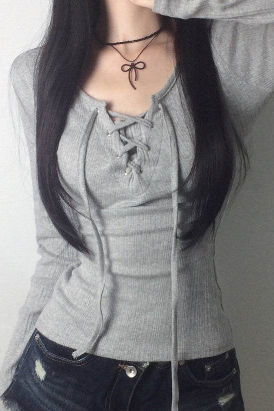 Lace-Up Long Sleeve Ribbed T-Shirt