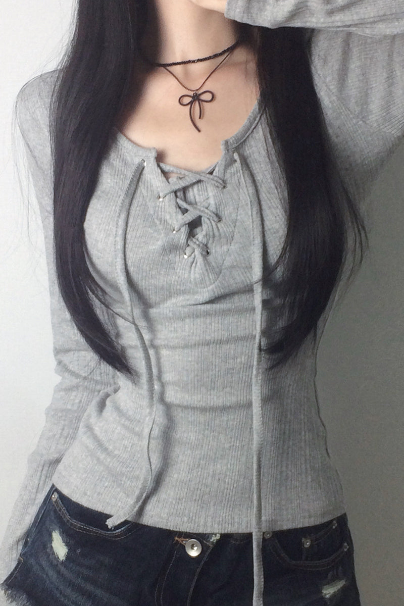 Lace-Up Long Sleeve Ribbed T-Shirt
