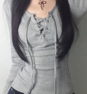 Lace-Up Long Sleeve Ribbed T-Shirt