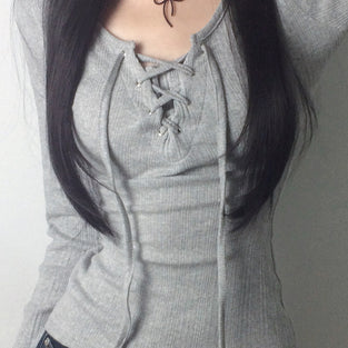 Lace-Up Long Sleeve Ribbed T-Shirt