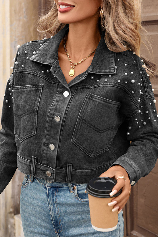 Pearl Embellished Cropped Denim Jacket