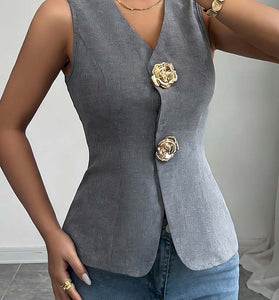 Elegant Sleeveless Vest with Floral Accents