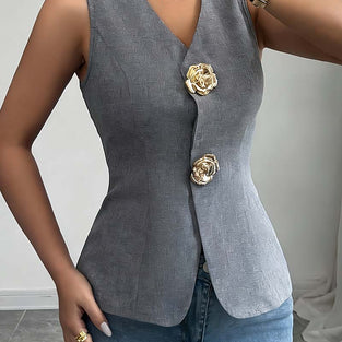 Elegant Sleeveless Vest with Floral Accents
