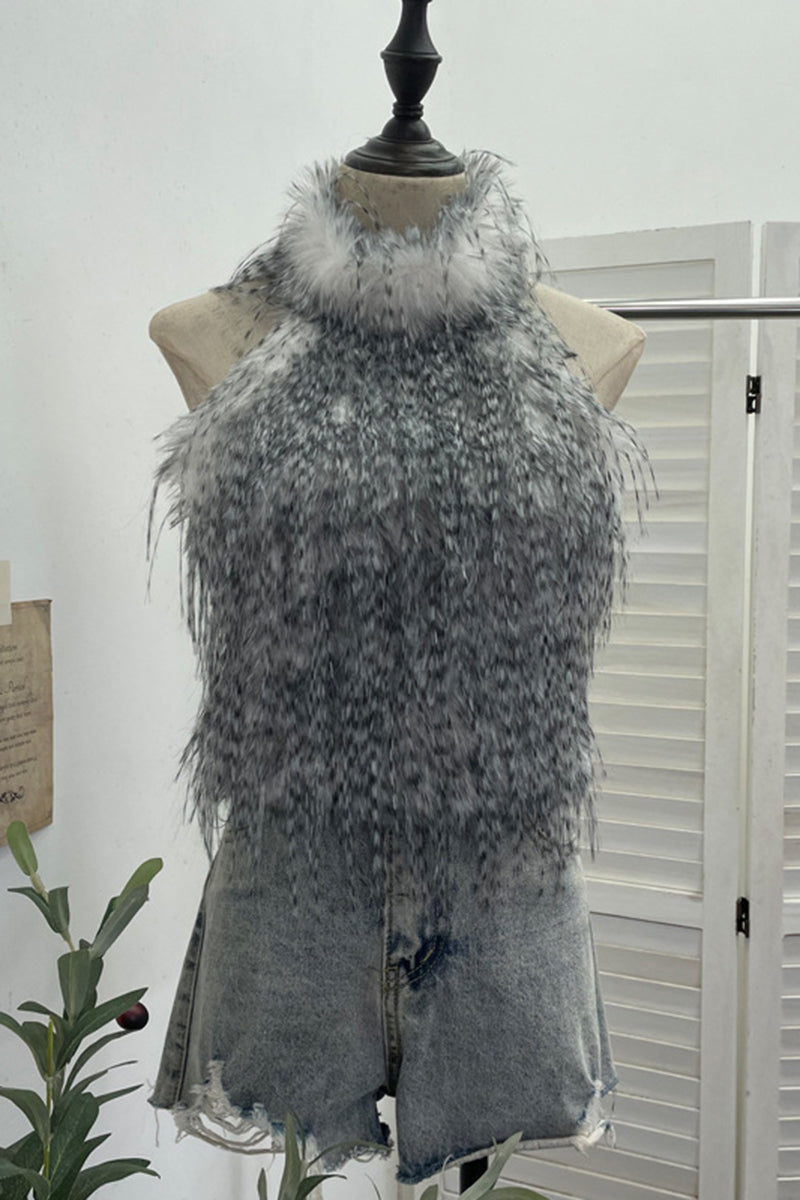 Faux Fur Sleeveless Halter Top