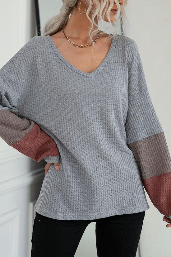 V-Neck Color Block Long Sleeve Top