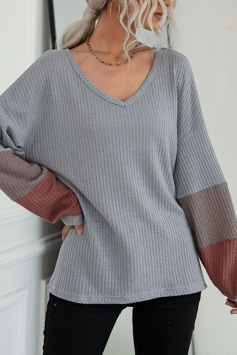 V-Neck Color Block Long Sleeve Top