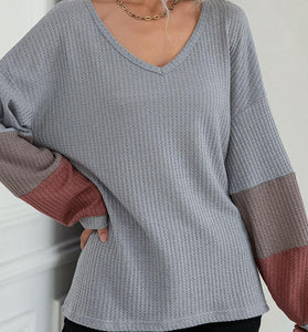 V-Neck Color Block Long Sleeve Top