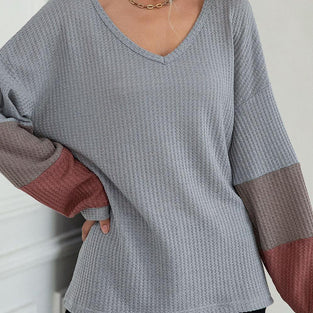V-Neck Color Block Long Sleeve Top