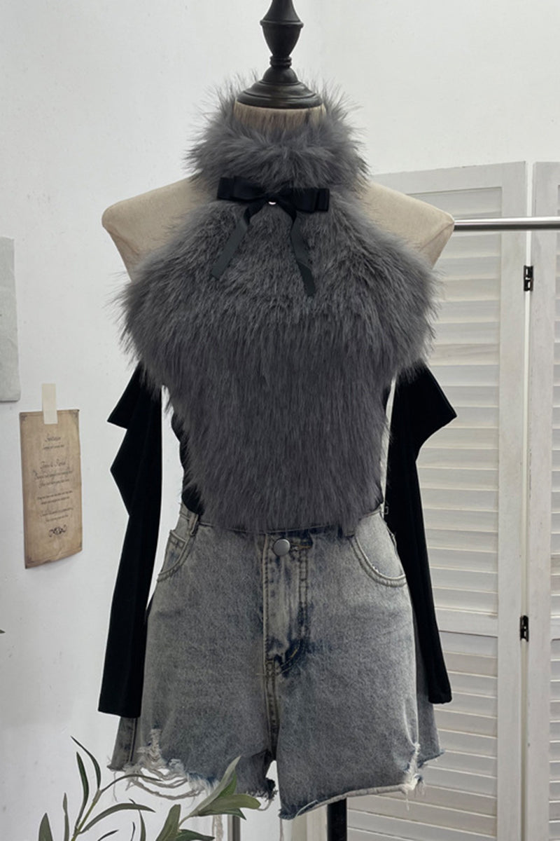 Fluffy Halter Neck Tank with Ribbon Bow