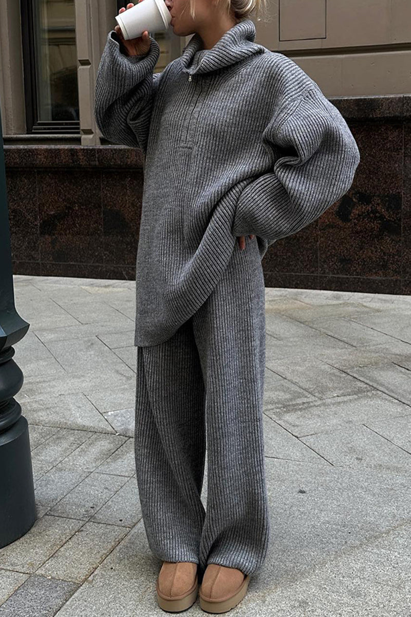 Cozy Zip-Up Sweater and Flare Pants Set