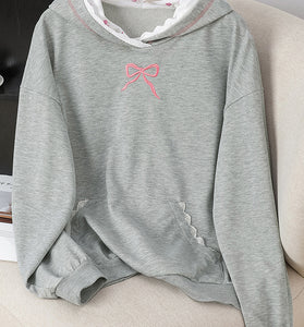 Bow Accent Hoodie with Lace Detailing
