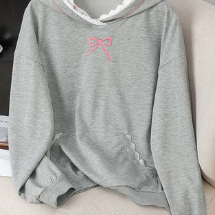 Bow Accent Hoodie with Lace Detailing