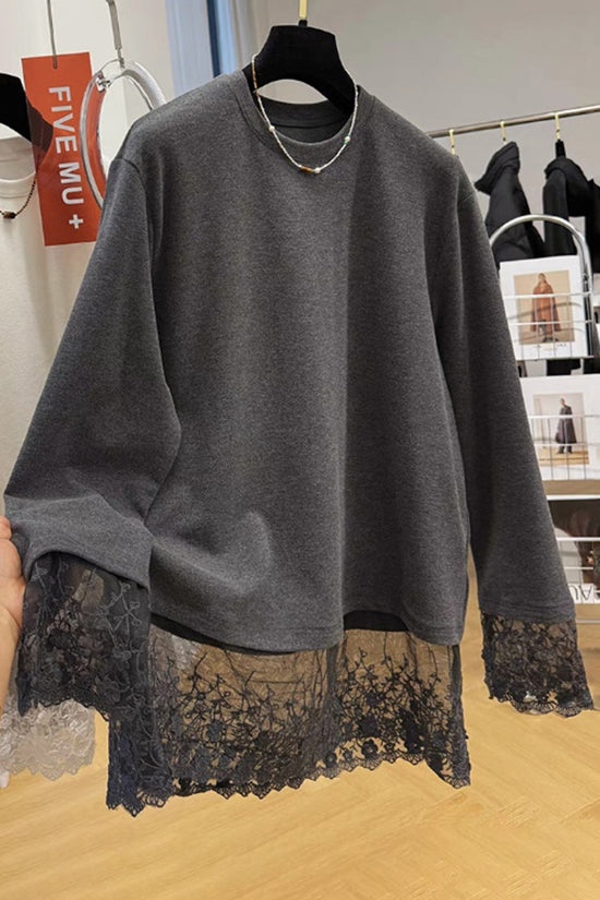 Lace Trim Long Sleeve Loose Fit Top