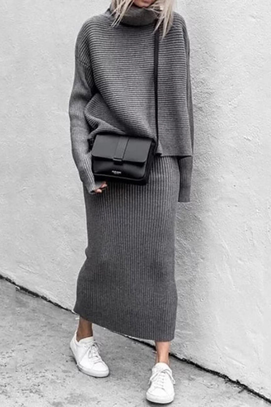 Ribbed Turtleneck Skirt Set