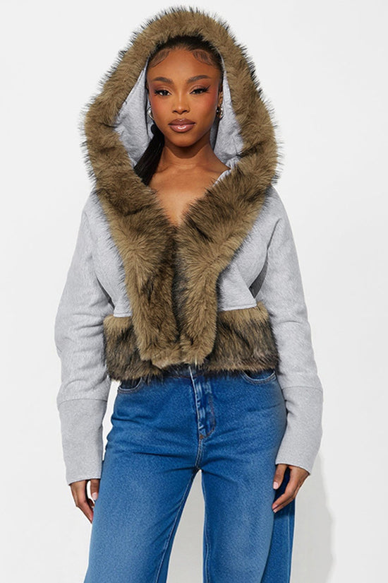 Hooded Faux Fur Trim Cropped Jacket