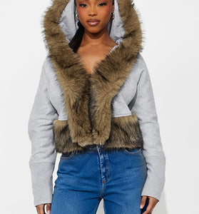 Hooded Faux Fur Trim Cropped Jacket