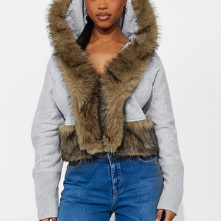 Hooded Faux Fur Trim Cropped Jacket