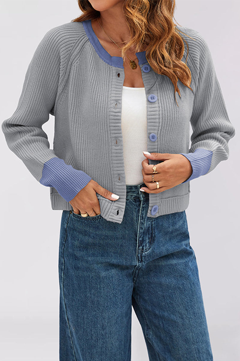 Button-Up Knit Cardigan with Contrast Trim