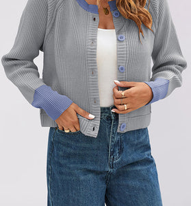 Button-Up Knit Cardigan with Contrast Trim