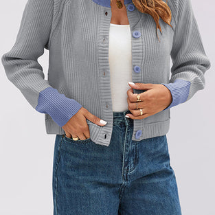 Button-Up Knit Cardigan with Contrast Trim