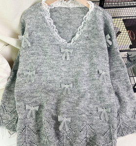 Bow Accent Lace Trim Sweater