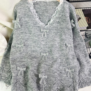 Bow Accent Lace Trim Sweater