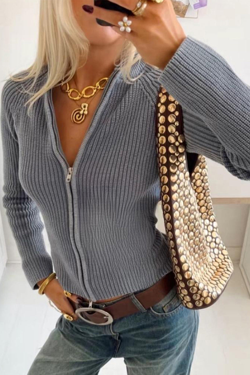 Zip-Up Ribbed Cardigan