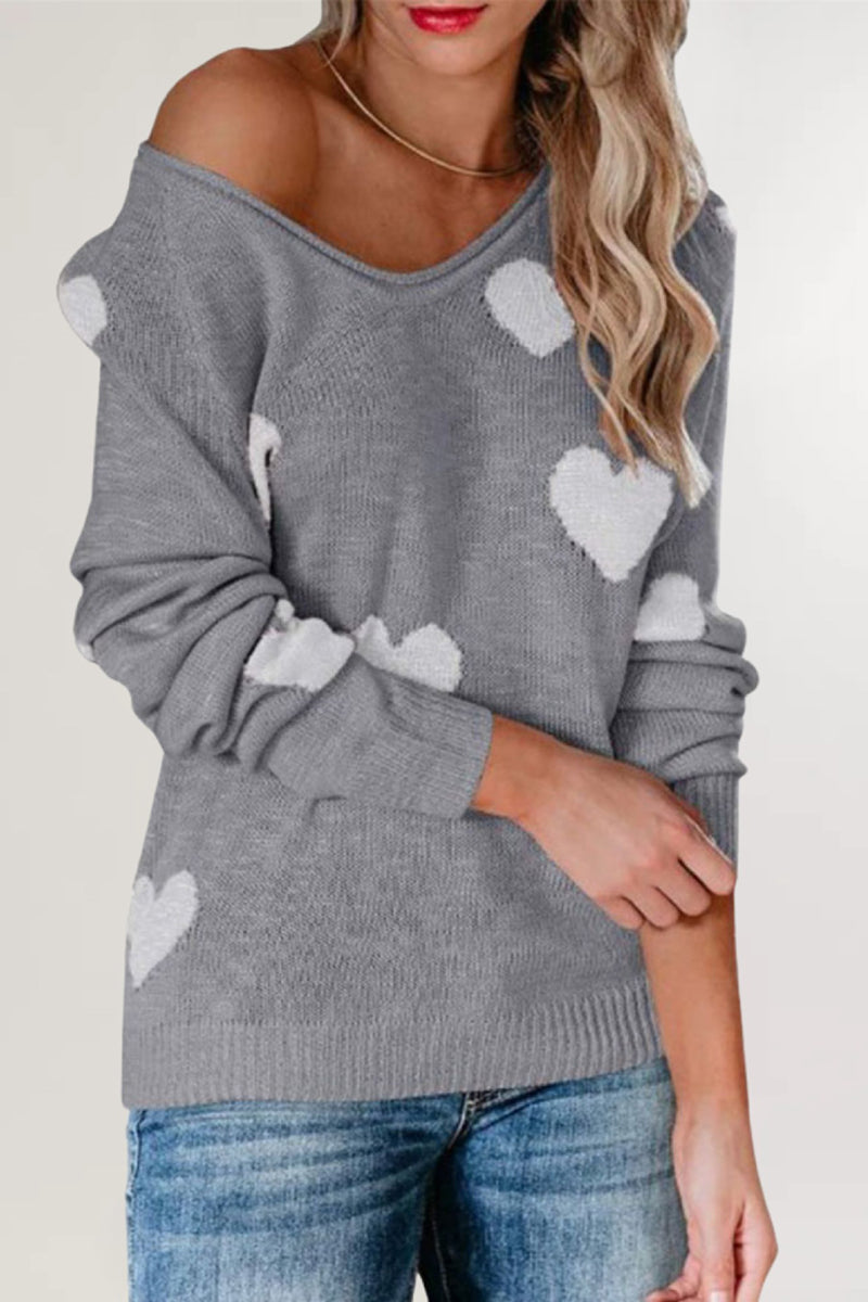 Heart Pattern V-Neck Sweater