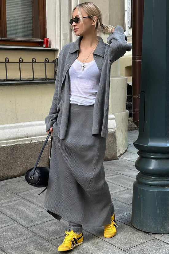 Chic Collared Long Sleeve Skirt Set