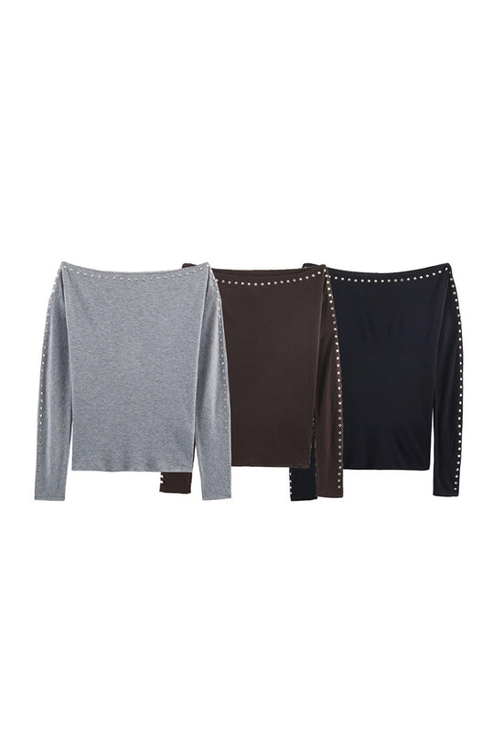 Studded Long Sleeve Off Shoulder Top