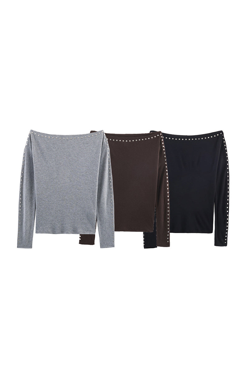 Studded Long Sleeve Off Shoulder Top