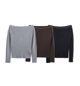 Studded Long Sleeve Off Shoulder Top