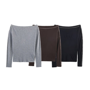 Studded Long Sleeve Off Shoulder Top
