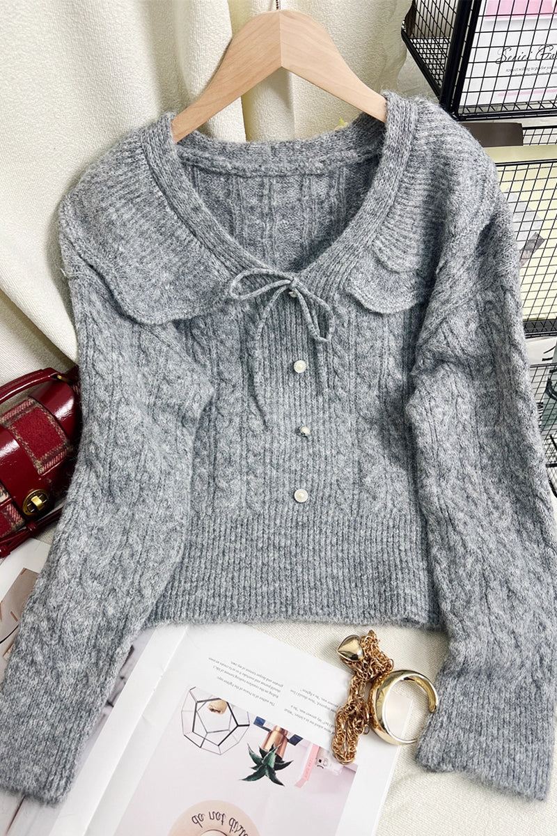 Cable Knit Sweater with Scalloped Collar