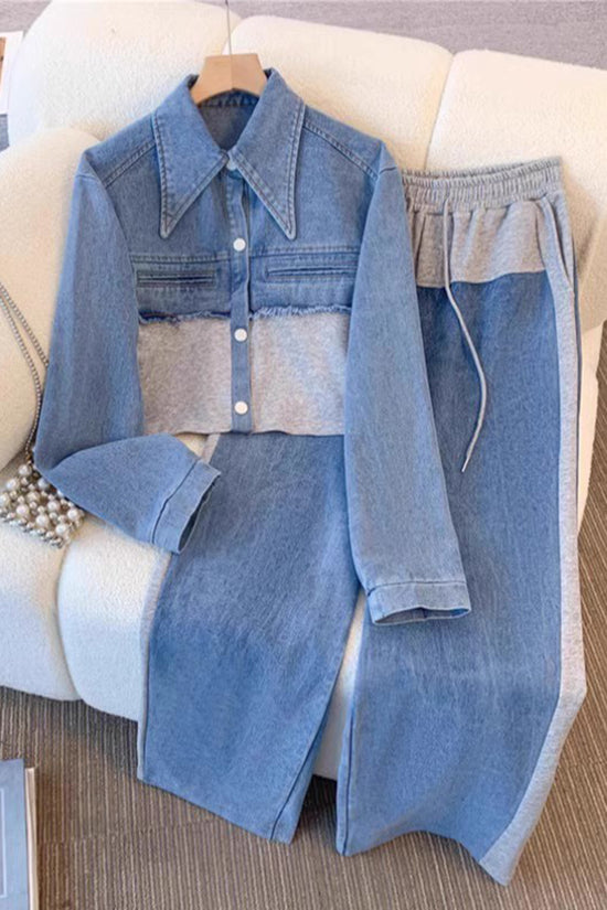Stylish Denim Patchwork Two-Piece Set