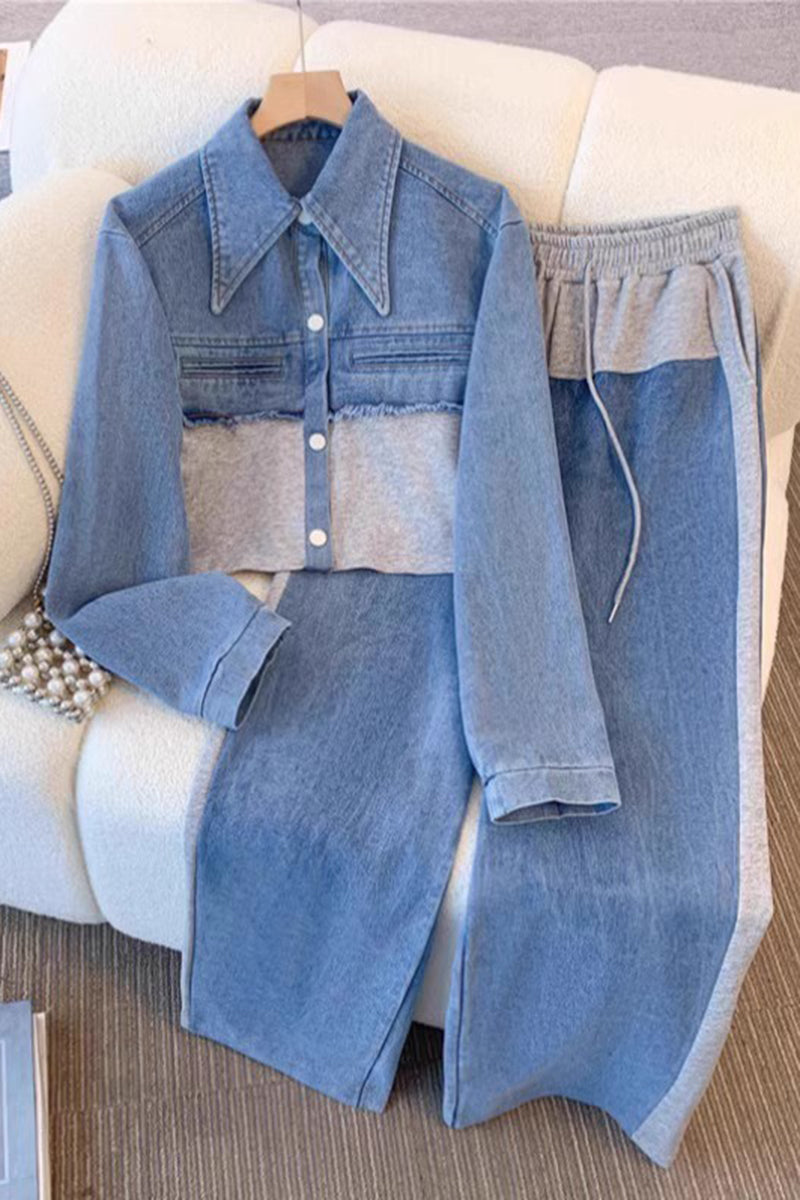 Stylish Denim Patchwork Two-Piece Set