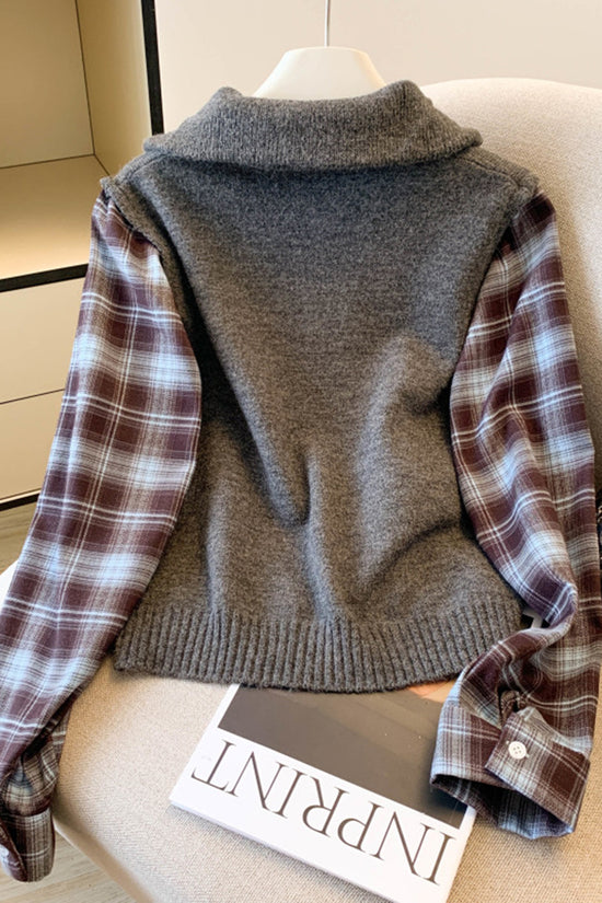 Zip-Up Plaid Patchwork Sweatshirt