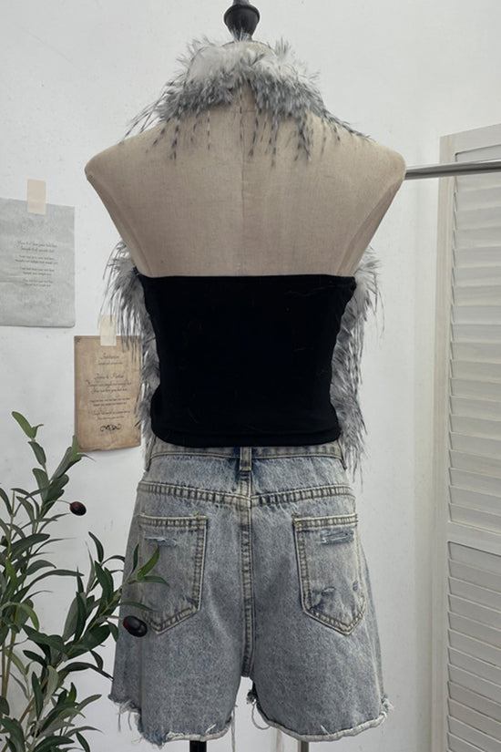 Faux Fur Sleeveless Halter Top