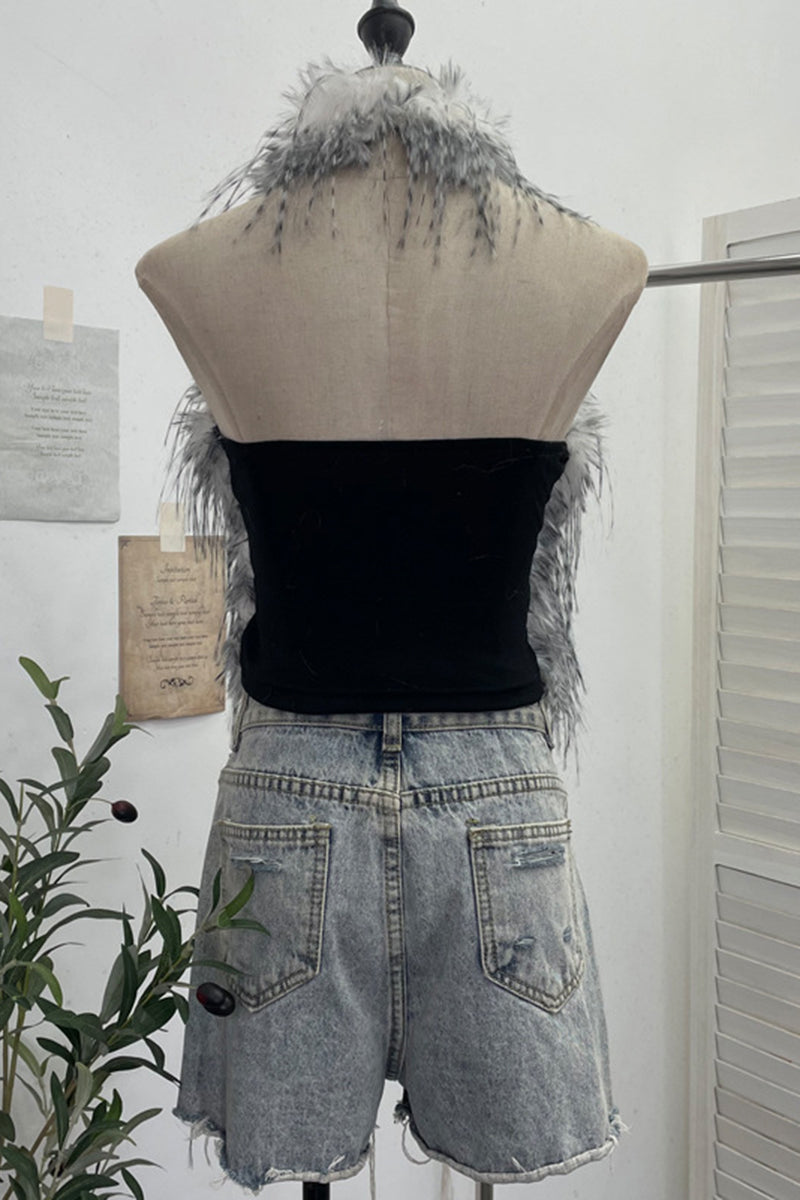 Faux Fur Sleeveless Halter Top