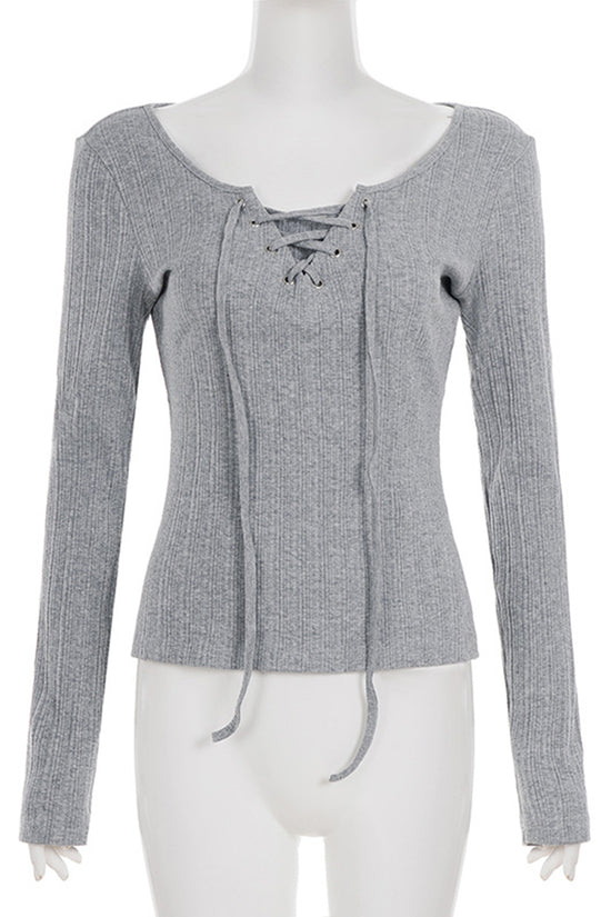 Lace-Up Long Sleeve Ribbed T-Shirt