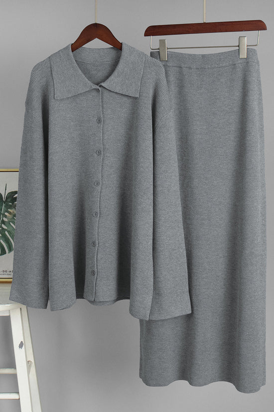 Chic Collared Long Sleeve Skirt Set