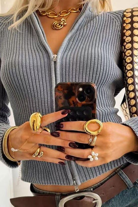 Zip-Up Ribbed Cardigan