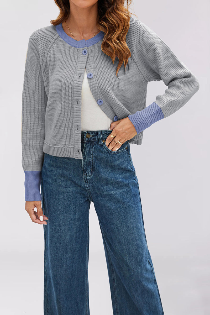 Button-Up Knit Cardigan with Contrast Trim